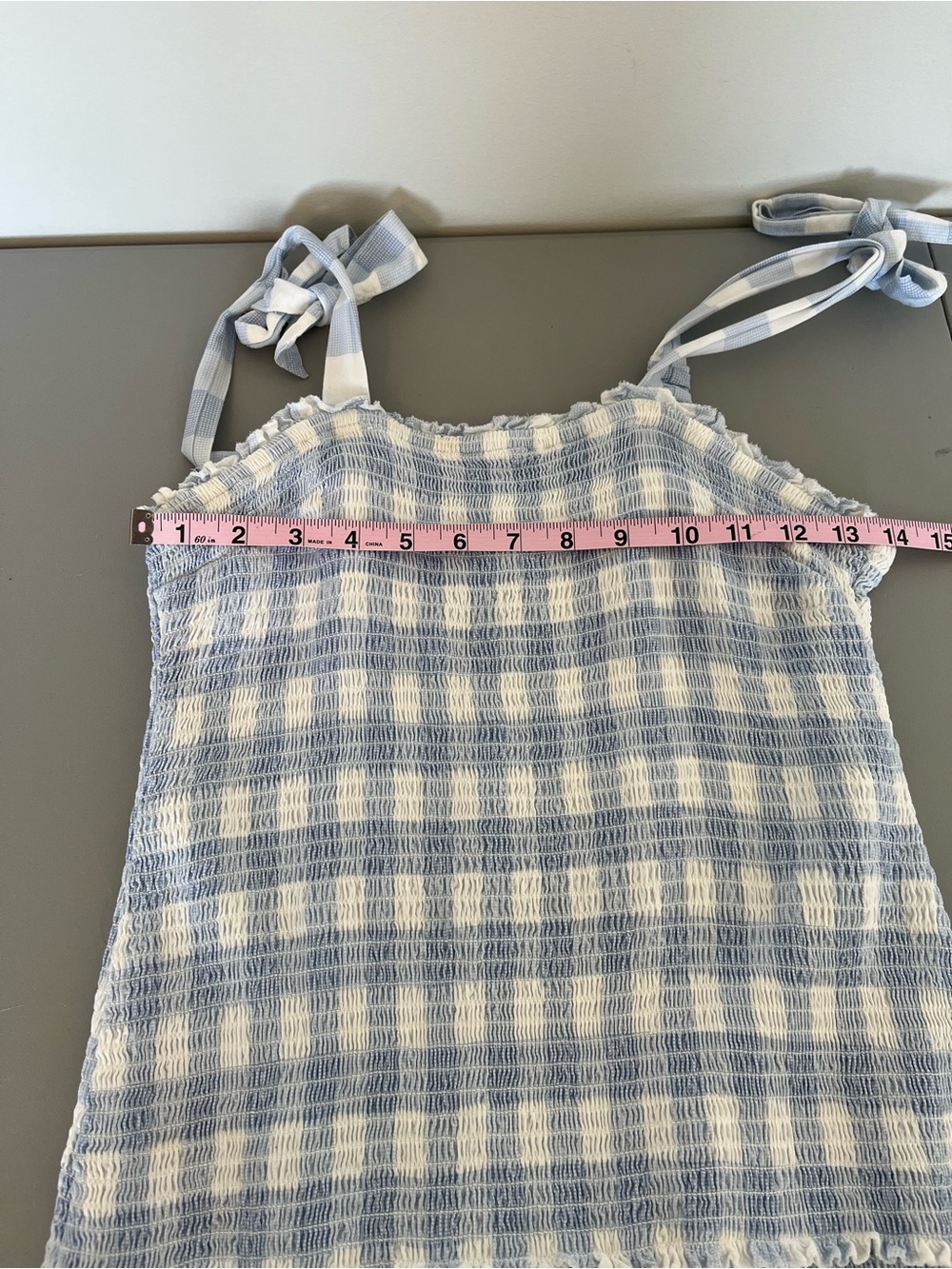 Japna Smocked Gingham Tie-Strap Mini Dress Blue & White S - Picture 8 of 11